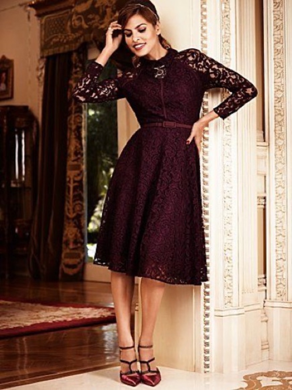eva mendes for New York & Company Plum Lace Long-Sleeve Dress